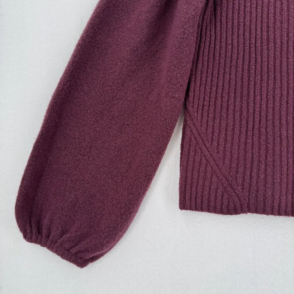 Halogen Sweater Women S Burgundy Square Neck Balloon Sleeve Wool Blend Cropped